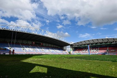 A general view of the DW Stadium ahead of the Betfred Super League Round 19 match Wigan Warriors vs Warrington Wolves at DW Stadium, Wigan, United Kingdom, 26th July 2024 clipart