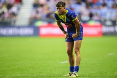 Warrington Wolves takımından Matty Ashton 19. Betfred Süper Lig karşılaşmasında Wigan Warriors 'a karşı Warrington Wolves, DW Stadyumu, Wigan, Birleşik Krallık, 26 Temmuz 2024