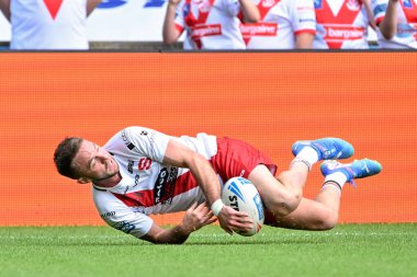 Salford Red Devils takımından Ryan Brierley, Salford Red Devils ile Castleford Tigers maçında Salford, Eccles, İngiltere 'de 27 Temmuz 2024' te oynanan Betfred Süper Ligi 19.