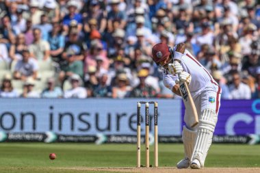 Kavem Hodge of West Indies hits the ball for two runs during the 3rd Rothesay Test Match Day 3 England vs West Indies at Edgbaston, Birmingham, United Kingdom, 28th July 2024