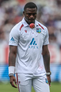 Jayden Seales of West Indies throws the ball up in the air during Day Two of the Rothesay Test match England vs West Indies at Edgbaston, Birmingham, United Kingdom, 27th July 2024