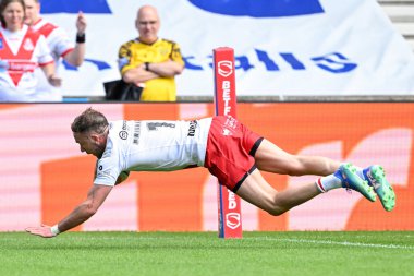 Salford Red Devils takımından Ryan Brierley, Salford Red Devils ile Castleford Tigers maçında Salford, Eccles, İngiltere 'de 27 Temmuz 2024' te oynanan Betfred Süper Ligi 19.