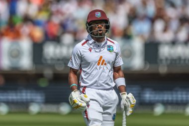 A dejected Kavem Hodge of West Indies leaves the field of play after being bowled out by Chris Woakes of England during the 3rd Rothesay Test Match Day One match England vs West Indies at Edgbaston, Birmingham, United Kingdom, 26th July 2024