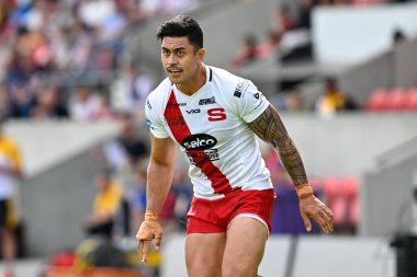 Salford Red Devils 'den Tim Lafai, Betfred Süper Lig 19. Raundda Salford Red Devils Castleford Tigers' a karşı Salford Community Stadyumu, Eccles, Birleşik Krallık, 27 Temmuz 2024