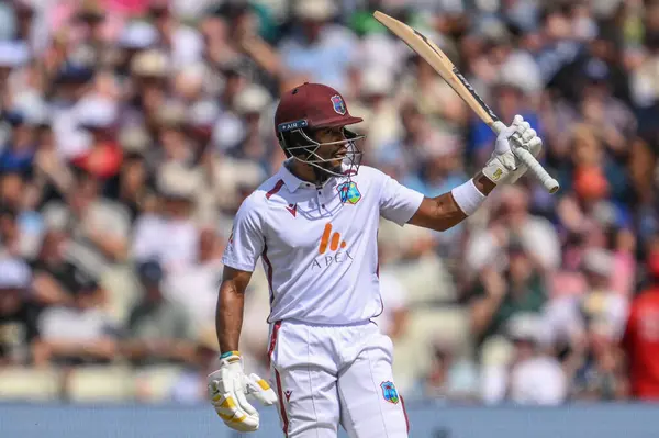 stock image Kavem Hodge of West Indies celebrates a half century (50 runs) during the 3rd Rothesay Test Match Day 3 England vs West Indies at Edgbaston, Birmingham, United Kingdom, 28th July 2024