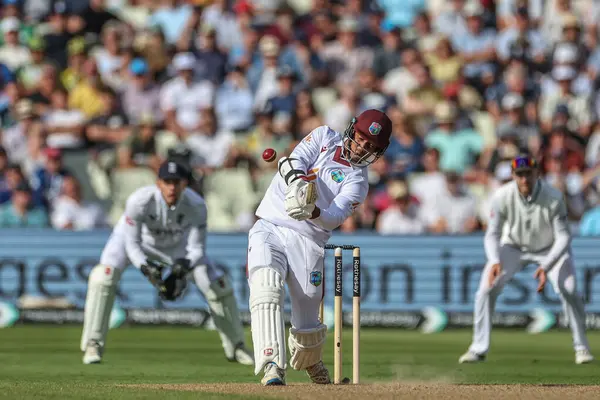 stock image Gudakesh Motie of West Indies hits a second four during the 3rd Rothesay Test Match Day One match England vs West Indies at Edgbaston, Birmingham, United Kingdom, 26th July 2024 