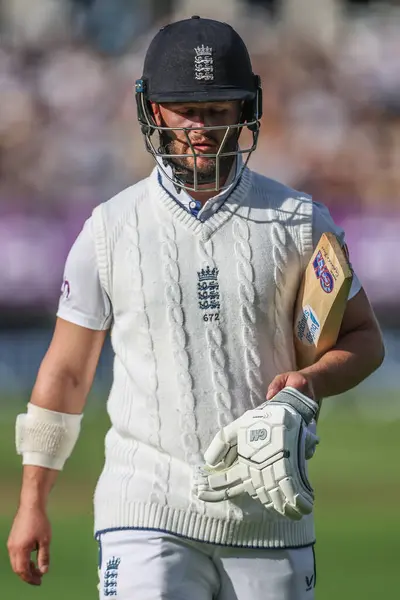 stock image Ben Duckett of England leaves the field of play after being bowled out by Alzarri Joseph of West Indies during the 3rd Rothesay Test Match Day One match England vs West Indies at Edgbaston, Birmingham, United Kingdom, 26th July 2024