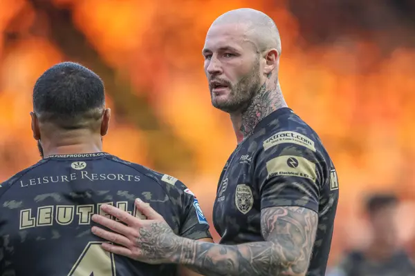 stock image Zak Hardaker of Leigh Leopards speaks to Ricky Leutele of Leigh Leopards during the Betfred Super League Round 20 match Castleford Tigers vs Leigh Leopards at The Mend-A-Hose Jungle, Castleford, United Kingdom, 1st August 2024