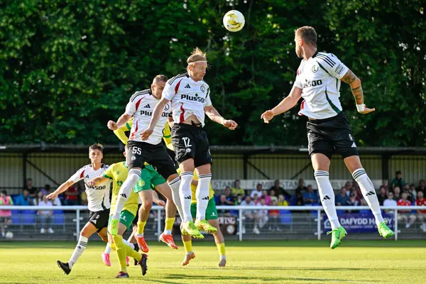 stock image Radovan Pankov of Legia Warszawa heads the ball clear during the UEFA Europa Conference League Second Qualifying Round 2nd leg match Caernarfon Town vs Legia Warsaw at Nantporth, Bangor, United Kingdom, 1st August 2024