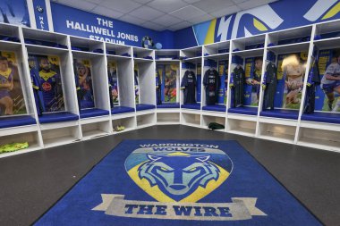 Betfred Süper Lig 20. raundunda ev sahibi soyunma odası WHalliwell Jones Stadyumu maçında Hull KR 'a karşı Halliwell Jones Stadyumu, Warrington, 2 Ağustos 2024
