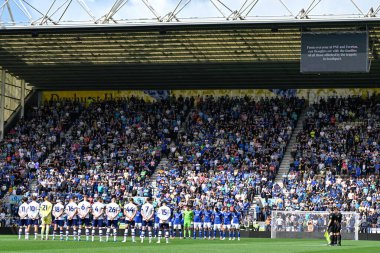 The two team pause for a minutes silence in tribute to the Southport tragedy during the Pre-season friendly match Preston North End vs Everton at Deepdale, Preston, United Kingdom, 3rd August 2024