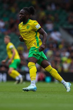 Norwich City 'den Jonathan Rowe, Norwich City ile Carrow Road, Norwich, İngiltere' de oynanan 3 Ağustos 2024 tarihli Norwich City-St. Pauli maçında maç yapıyor.