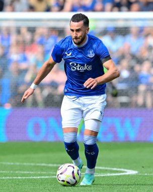 Everton 'dan Jack Harrison, Preston North End' e karşı 3 Ağustos 2024 Deepdale, Preston, İngiltere 'de oynanan ön sezon dostluk maçı sırasında iş başında.