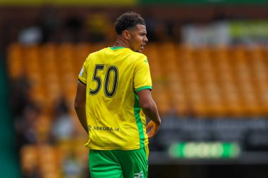 Norwich City 'den Jaden Warner, Norwich City' nin Carrow Road, Norwich, İngiltere 'de 3 Ağustos 2024' te St. Pauli 'ye karşı oynadığı ön sezon dostluk maçına bakıyor.