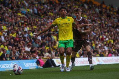 Norwich City 'den Ben Chrisene, Norwich Road, Norwich, İngiltere' de 3 Ağustos 2024 'te oynanan sezon öncesi dostluk maçı sırasında St Pauli' den Scott Banks tarafından baskı altına alındı.