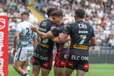 Matt Whitley of St. Helens celebrates his try during the Betfred Super League Round 20 match Hull FC vs St Helens at MKM Stadium, Hull, United Kingdom, 3rd August 2024 clipart