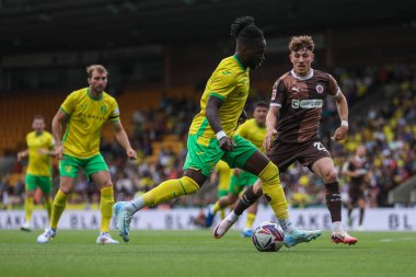 Norwich City 'den Jonathan Rowe, 3 Ağustos 2024' te Norwich City ile St. Pauli 'nin Carrow Road, Norwich, İngiltere' de oynanan ön sezon dostluk maçı sırasında St Pauli 'den Philipp Treu tarafından baskı altına alındı.