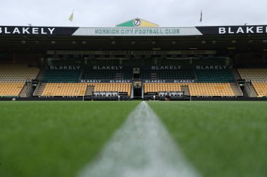 Norwich City, Norwich Road, Norwich Road, İngiltere 'de 3 Ağustos 2024' te oynanan sezon öncesi dostluk maçı öncesinde stadyumun detaylı bir görüntüsü.