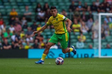 Norwich City 'den Marcelino Nunez, Norwich City ile Carrow Road, Norwich, İngiltere' de oynanan Norwich City-St. Pauli maçında topla koşuyor.