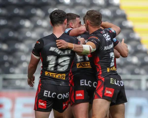 stock image Jake Burns of St. Helens celebrates his try during the Betfred Super League Round 20 match Hull FC vs St Helens at MKM Stadium, Hull, United Kingdom, 3rd August 2024