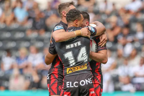 stock image Lewis Dodd of St. Helens celebrates his try during the Betfred Super League Round 20 match Hull FC vs St Helens at MKM Stadium, Hull, United Kingdom, 3rd August 2024