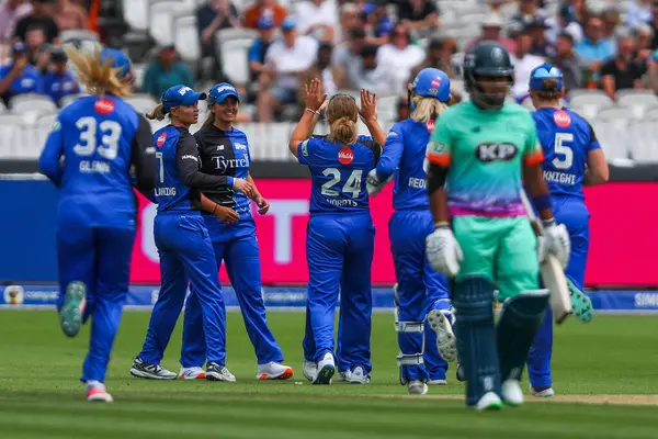 stock image London Spirit players celebrates after the dismal of Chamari Athapaththu of Oval Invincibles during the The Hundred match London Spirit Women vs Oval Invincibles Women at Lords, London, United Kingdom, 4th August 2024