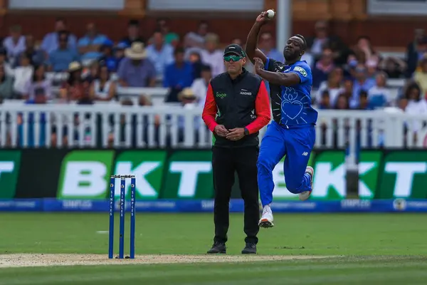 stock image Andre Russell of London Spirit bowls during the The Hundred match London Spirit Men vs Oval Invincibles at Lords, London, United Kingdom, 4th August 2024