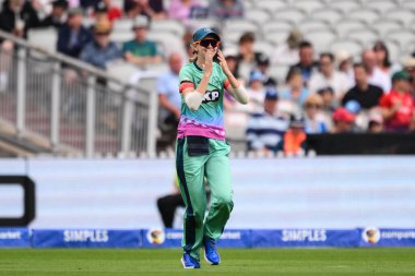 Sophia Smale celebrates catch of Beth Mooney off the bowling of Ryana Macdonald-Gay of Oval Invincibles during Hundred match Manchester Originals Women vs Oval Invincibles Women at Old Trafford, Manchester, United Kingdom, 6th August 2024  clipart