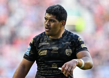 Leigh Leoparları 'ndan John Asiata Betfred Süper Ligi maçı sırasında Wigan Warriors, Wigan Stadyumu' nda Leigh Leopards 'a karşı, 6 Ağustos 2024