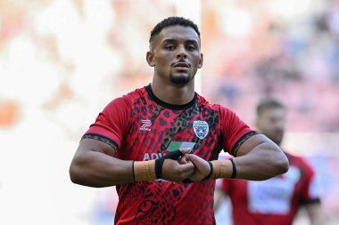 Leopar Leoparlar takımından Umyla Hanley, 6 Ağustos 2024 'te İngiltere' nin Wigan Stadyumu 'nda oynanan Betfred Süper Lig karşılaşmasında Wigan Warriors - Leopards maçında ısındı.