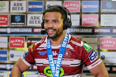 Maçın oyuncusu Wigan Warriors 'dan Kruise Leeming, 6 Ağustos 2024' te DW Stadyumu, Wigan 'da oynanan Betfred Süper Lig maçı sırasında tam zamanlı bir röportaj yapacak.