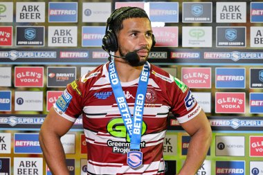 Maçın oyuncusu Wigan Warriors 'dan Kruise Leeming, 6 Ağustos 2024' te DW Stadyumu, Wigan 'da oynanan Betfred Süper Lig maçı sırasında tam zamanlı bir röportaj yapacak.