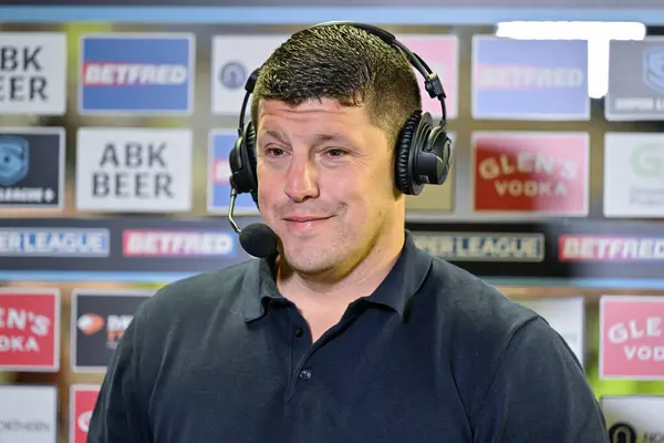 stock image Matt Peet Head Coach of Wigan Warriors has an interview at full time during the Betfred Super League match Wigan Warriors vs Leigh Leopards at DW Stadium, Wigan, United Kingdom, 6th August 2024