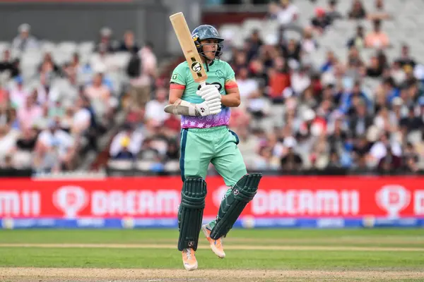 stock image Sam Curran of Oval Invincibles reacts to being caught caught behind during the The Hundred match Manchester Originals vs Oval Invincibles at Old Trafford, Manchester, United Kingdom, 6th August 2024