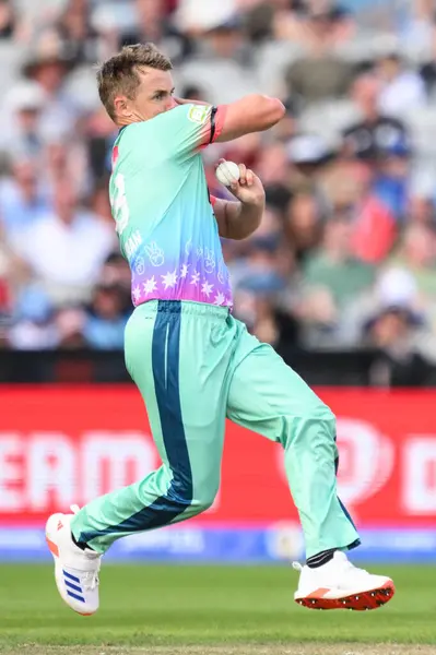 stock image Sam Curran of Oval Invincibles delivers the ball during the The Hundred match Manchester Originals vs Oval Invincibles at Old Trafford, Manchester, United Kingdom, 6th August 2024