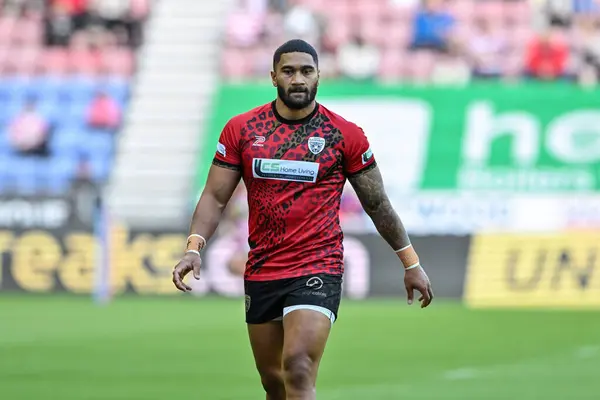 stock image Ricky Leutele of Leigh Leopards warms up ahead of the Betfred Super League match Wigan Warriors vs Leigh Leopards at DW Stadium, Wigan, United Kingdom, 6th August 2024