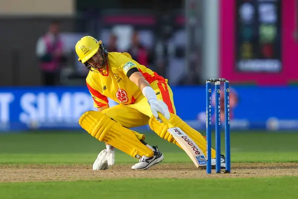 stock image Joe Root of Trent Rockets reaches for the crease during the The Hundred match Trent Rockets vs London Spirit at Trent Bridge, Nottingham, United Kingdom, 7th August 2024