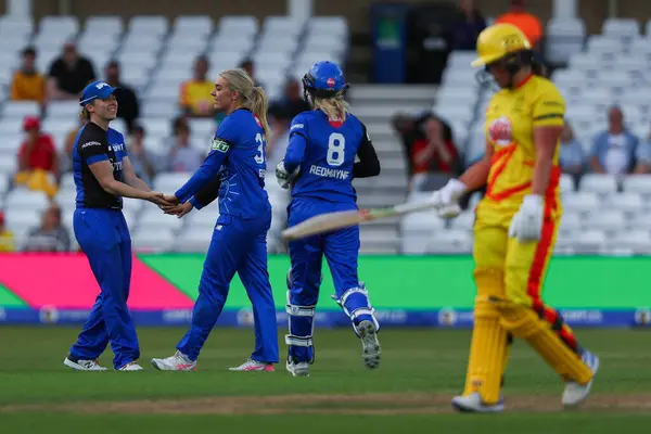 stock image Sarah Glenn of London Spirit celebrates with teammates after dismissing Grace Scrivens of Trent Rockets during the The Hundred match Trent Rockets Women vs London Spirit Women at Trent Bridge, Nottingham, United Kingdom, 7th August 2024