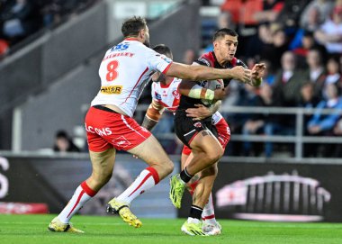Salford Red Devils takımından Jayden Nikorima, 8 Ağustos 2024 'te St Helens - Salford Red Devils maçında yenilmiştir.