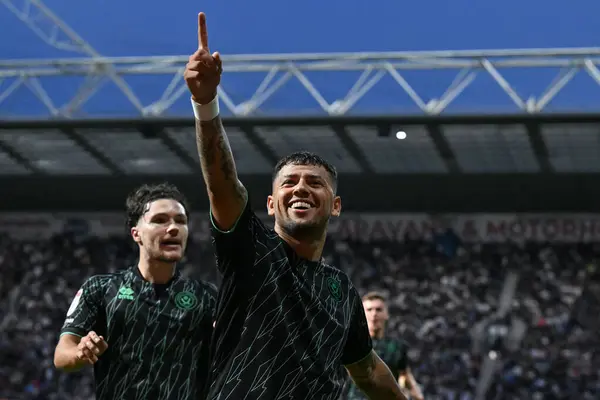 stock image Gustavo Hamer of Sheffield United celebrates his goal to make it 0-2 Sheffield United during the Sky Bet Championship match Preston North End vs Sheffield United at Deepdale, Preston, United Kingdom, 9th August 2024