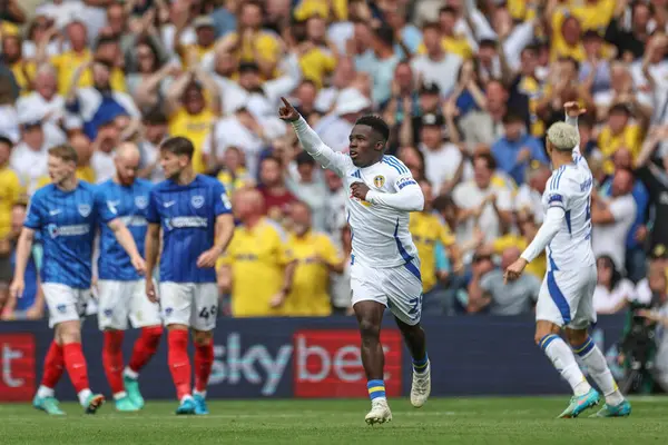 stock image Wilfried Gnonto of Leeds United celebrates his goal to make it 2-2 during the Sky Bet Championship match Leeds United vs Portsmouth at Elland Road, Leeds, United Kingdom, 10th August 2024