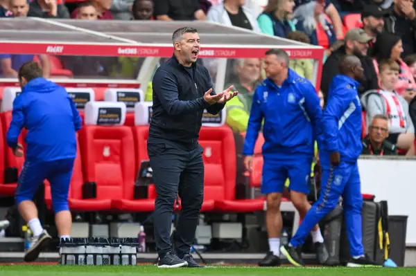 stock image Steven Schumacher Manager of of Stoke City gives his team instructions during the Sky Bet Championship match Stoke City vs Coventry City at Bet365 Stadium, Stoke-on-Trent, United Kingdom, 10th August 2024