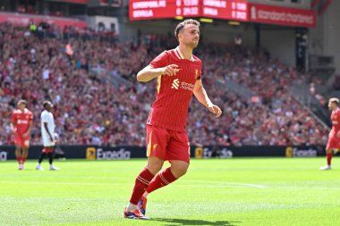 Liverpool 'dan Diogo Jota, Liverpool' un 11 Ağustos 2024 'te Anfield, Liverpool, İngiltere' de oynadığı Liverpool-Sevilla maçında Liverpool 'u 1-0 yenme golünü kutluyor.