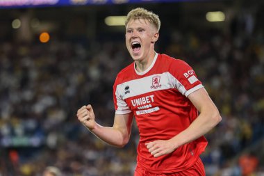 Middlesbrough 'dan Josh Coburn, Carabao Kupası' nda Leeds United 'ın Middlesbrough' a karşı oynadığı 14 Ağustos 2024 tarihli maçta 0-3 'lük galibiyet golünü kutluyor.