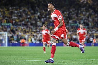 Middlesbrough 'dan Delano Burgzorg, Carabao Kupası' nda 14 Ağustos 2024 'te Leeds Road, Leeds, İngiltere' de oynanan Leeds-Middlesbrough maçında 0-2 'lik galibiyet golünü kutluyor.