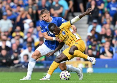 Brighton & Hove Albion takımından Yankuba Minteh, Everton - Brighton ve Hove Albion arasındaki Premier Lig maçı sırasında İngiltere 'nin Liverpool kenti Goodison Park' ta 17 Ağustos 2024 'te Vitaliy Mykolenko' yu bekletti.