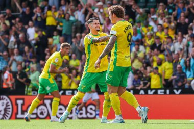 Josh Sargent of Norwich City celebrates with Borja Sainz after scoring the team's first goal during the Sky Bet Championship match Norwich City vs Blackburn Rovers at Carrow Road, Norwich, United Kingdom, 17th August 202 clipart