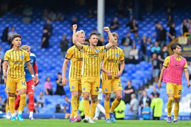 Brighton & Hove Albion takımından Jol Veltman, 17 Ağustos 2024 'te Goodison Park, Liverpool, İngiltere' de oynanan Premier League maçında Everton ve Hove Albion maçının tam zamanlı sonucunu kutluyor.
