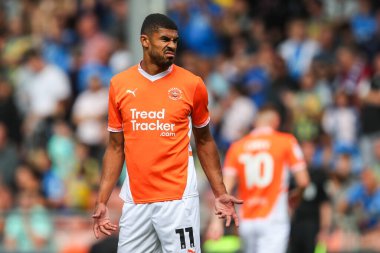 Blackpool takımından Ashley Fletcher, 17 Ağustos 2024 'te Bloomfield Road, Blackpool' da oynanan Blackpool-Stockport maçında tepki gösterdi.