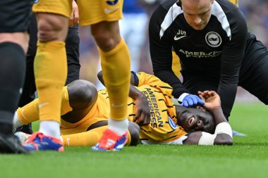 Brighton & Hove Albion takımından Yankuba Minteh, 17 Ağustos 2024 'te Goodison Park, Liverpool' da oynanan Premier Lig karşılaşmasında sakatlandı.